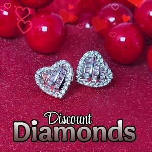 Clear White Baguette Heart Shaped Diamond Earrings on 925 Sterling Silver